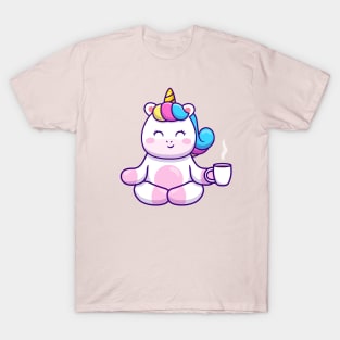 Cute Unicorn Yoga Holding Coffee T-Shirt